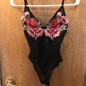 Rose embellished mesh bodysuit